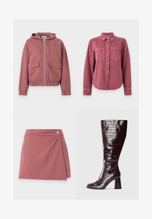 Sweat à capuche zippé couleur rose poussiéreux avec cordons de serrage, poignets et ourlet élastiqués, et deux grandes poches à rabat à l'avant, présenté sur fond blanc.; Chemise rose fanée à manches longues, boutonnée, avec col et deux poches poitrine, présentée sur un fond blanc uni.; Jupe portefeuille courte en rose poussiéreux avec un petit bouton argenté près de la ceinture sur un fond clair uni.; Botte à genoux bordeaux foncé avec texture crocodile et talon bloc sur fond blanc, vue de côté.