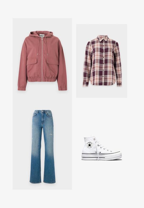 Sudadera con capucha color rosa polvo, con cremallera, cordones ajustables, puños y bajo elásticos, y dos grandes bolsillos delanteros con solapa, presentada sobre un fondo blanco.; Camisa de manga larga con botones, con estampado de cuadros en púrpura, rosa y marrón y cuello puntiagudo sobre fondo blanco.; Jeans de mezclilla azul de talle alto con leve desgastes en los muslos, estilo de cinco bolsillos y diseño de pierna acampanada.; Zapatilla blanca de caña alta Converse Chuck Taylor All Star con parche de logo negro y cordones blancos, presentada sobre fondo blanco.