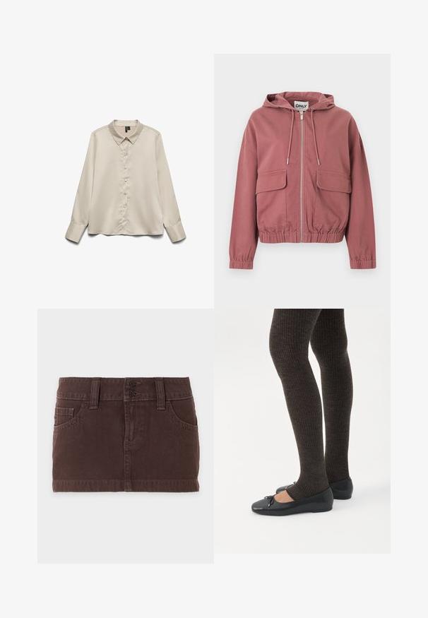 Sudadera con capucha color rosa polvo, con cremallera, cordones ajustables, puños y bajo elásticos, y dos grandes bolsillos delanteros con solapa, presentada sobre un fondo blanco.; Blusa de manga larga color beige claro hecha de tejido suave, con cuello puntiagudo, cierre de botones completo y puños de un botón.; Minifalda vaquera marrón con bolsillos delanteros, trabillas para cinturón y cierre doble de botones sobre un fondo liso claro.; Piernas con leggings oscuros acanalados combinados con bailarinas negras que presentan pequeños detalles de lazo sobre un fondo blanco.