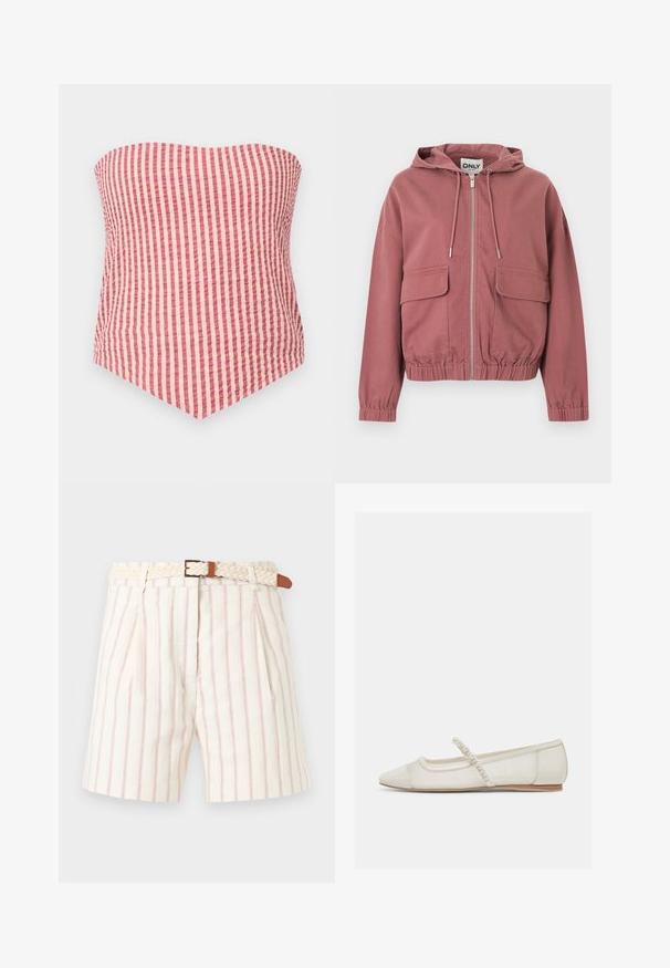 Sweat à capuche zippé couleur rose poussiéreux avec cordons de serrage, poignets et ourlet élastiqués, et deux grandes poches à rabat à l'avant, présenté sur fond blanc.; Top tube sans bretelles en tissu rose et beige à rayures verticales avec un ourlet pointu à l'avant.; Shorts blancs avec fines rayures verticales rouges et plis, dotés d'une ceinture beige tressée avec une boucle dorée et des détails en cuir marron.; Chaussure plate ivoire à bout pointu avec bride ornée de perles et petit talon en bois, vue de côté sur un fond clair.