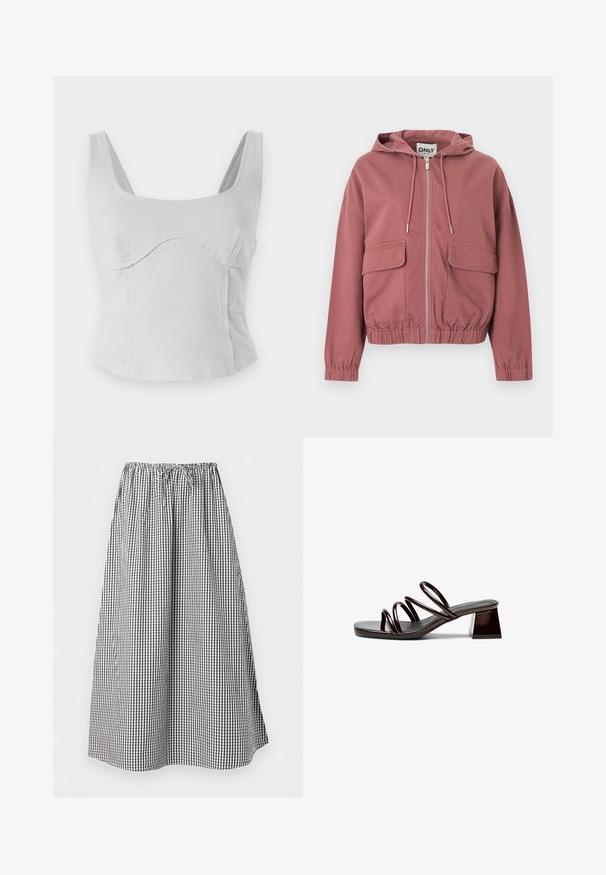 Sudadera con capucha color rosa polvo, con cremallera, cordones ajustables, puños y bajo elásticos, y dos grandes bolsillos delanteros con solapa, presentada sobre un fondo blanco.; Top corto de algodón gris con escote cuadrado, tirantes anchos y costuras curvas. Textura suave con un diseño ajustado y sin hardware visible.; Falda larga de corte evasé con estampado de cuadros vichy blanco y negro, y cintura elástica con cordón ajustable.; Sandal de tacón abierto en piel sintética burdeos oscuro, con tres tiras delgadas y un tacón cuadrado. Superficie suave, diseño minimalista.