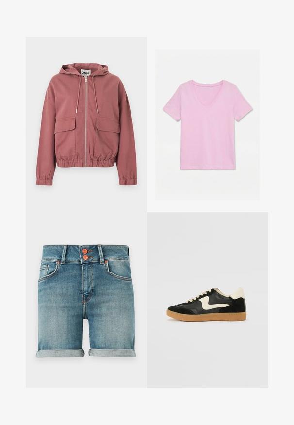 Sweat à capuche zippé couleur rose poussiéreux avec cordons de serrage, poignets et ourlet élastiqués, et deux grandes poches à rabat à l'avant, présenté sur fond blanc.; T-shirt rose clair à manches courtes avec col en V, posé à plat sur un fond blanc, montrant le devant avec un design simple.; Shorts en denim bleu avec ourlets roulés, double bouton en cuivre, poches avant et passants pour ceinture sur un fond uni.; Baskets en daim et cuir noir avec un swoosh latéral crème et un talon crème clair. Dotées de lacets beige et d'une semelle en caoutchouc gomme.