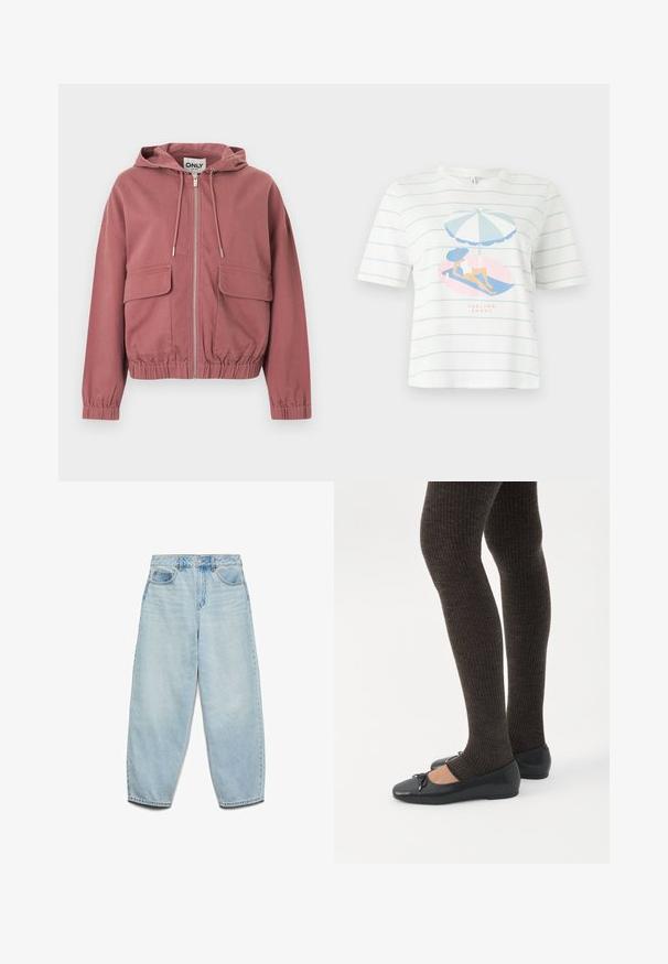 Sudadera con capucha color rosa polvo, con cremallera, cordones ajustables, puños y bajo elásticos, y dos grandes bolsillos delanteros con solapa, presentada sobre un fondo blanco.; Camisa blanca de manga corta con rayas azul claro y una imagen gráfica de una mujer descansando bajo una sombrilla a rayas con el texto "FEELING SHADY".; Vaqueros de mezclilla azul claro con un corte relajado, cintura alta y piernas anchas, con una textura ligeramente desgastada y un clásico diseño de cinco bolsillos.; Piernas con leggings oscuros acanalados combinados con bailarinas negras que presentan pequeños detalles de lazo sobre un fondo blanco.