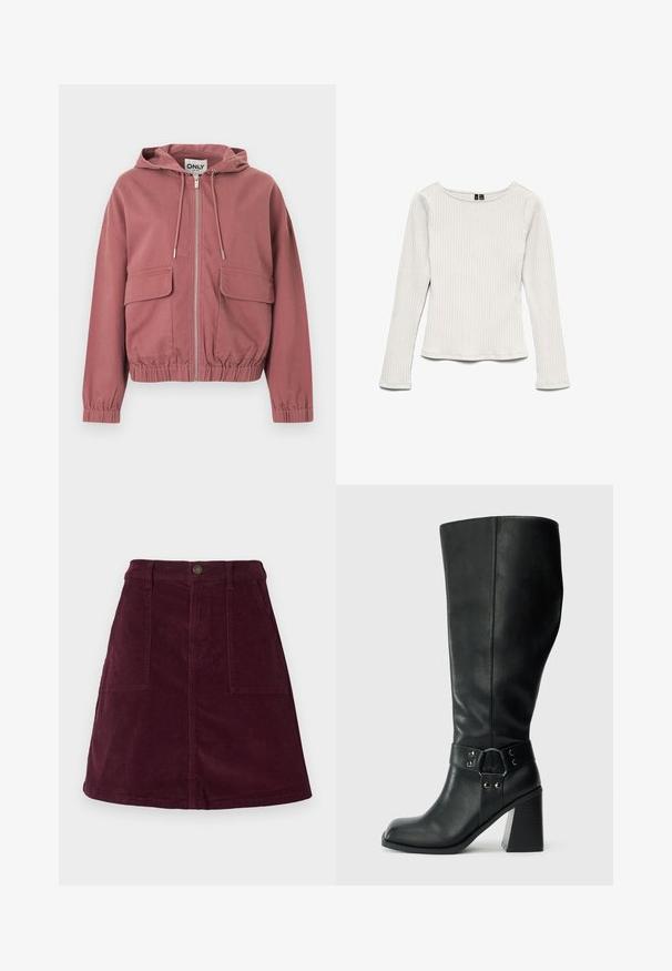 Sweat à capuche zippé couleur rose poussiéreux avec cordons de serrage, poignets et ourlet élastiqués, et deux grandes poches à rabat à l'avant, présenté sur fond blanc.; Top blanc à manches longues côtelé avec un col rond, une silhouette ajustée et un léger évasement à l'ourlet, présenté sur un fond blanc.; Jupe trapèze en velours côtelé bordeaux avec deux poches avant, une fermeture par bouton à la taille et une surface texturée.; Bottes en cuir noires arrivant au genou, avec un bout carré, un large talon et une sangle décorative avec des accents métalliques autour de la cheville. Texture lisse.