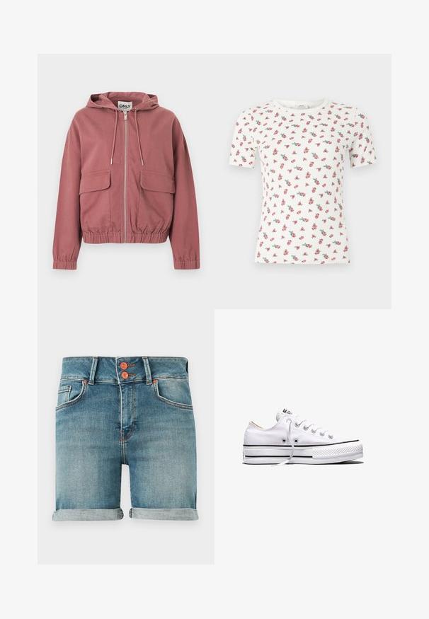 Sweat à capuche zippé couleur rose poussiéreux avec cordons de serrage, poignets et ourlet élastiqués, et deux grandes poches à rabat à l'avant, présenté sur fond blanc.; T-shirt blanc à manches courtes en tissu côtelé avec un petit motif floral rose et vert, col rond.; Shorts en denim bleu avec ourlets roulés, double bouton en cuivre, poches avant et passants pour ceinture sur un fond uni.; Baskets basses en toile blanche avec lacets blancs, bandes noires sur la semelle et embout en caoutchouc texturé, vue de côté sur fond blanc.