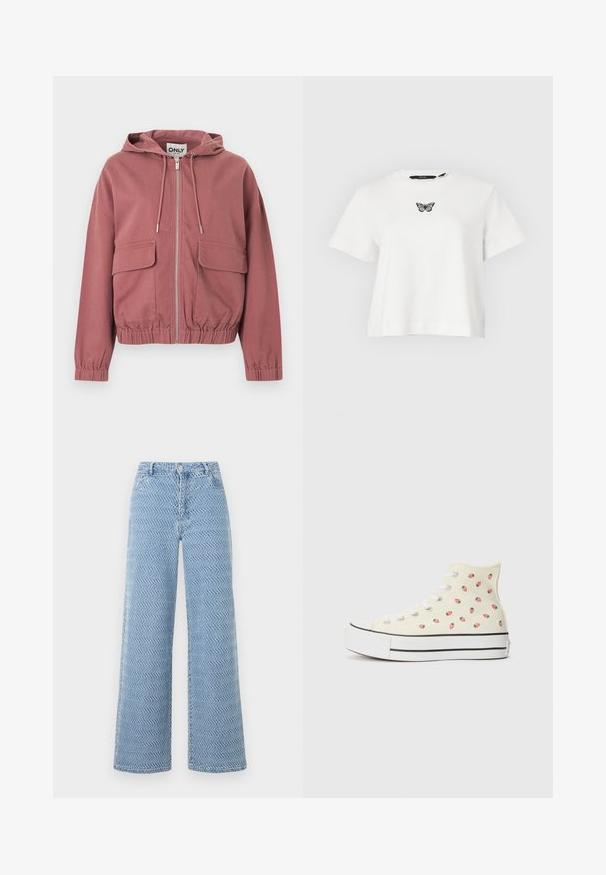 Støvet rosafarvet hættetrøje med lynlås, snore i hætten, elastiske manchetter og kant samt to store lårlommer med klap, vist mod en hvid baggrund.; Hvid kortærmet cropped t-shirt med en lille sort og grå sommerfugl broderet midt på brystet.; Lyseblå, højtaljede, vidde bukser med bølget teksturmønster, foran knapper, lynlås og bæltestropper.; Høje sneakers lavet af gul lærred, med et mønster af små røde jordbær, hvide snørebånd og en hvid sål med sorte striber.