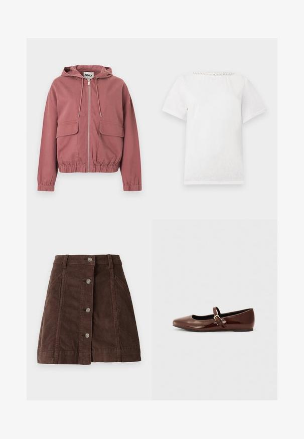 Støvet rosafarvet hættetrøje med lynlås, snore i hætten, elastiske manchetter og kant samt to store lårlommer med klap, vist mod en hvid baggrund.; Hvid t-shirt med korte ærmer og rund halsudskæring med en række dekorative perler langs kraven.; Brun kordfløjl A-formet nederdel med frontknaplukning og sidelommer, der har bæltestropper og vertikale sømdetaljer.; Brun patentlæder balletflade med firkantet tå og strop med en lille guldbuckle. Glat tekstur, lav hæl og minimalistisk design.
