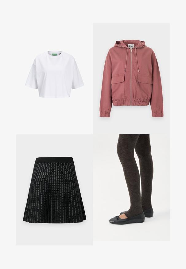 Stofroze zip-hoodie met trekkoorden, elastische manchetten en zoom, en twee grote voorspatzakken met klep, getoond tegen een witte achtergrond.; Witte cropped t-shirt van katoen, met korte mouwen en een ronde hals. Groene label aan de binnenkant met zichtbare merknaam.; Zwarte rok met een gemêleerd breigoed met zigzag zilveren strepen, uitlopende ontwerp en een effen zwarte tailleband.; Benen met donkere geribbelde leggings gecombineerd met zwarte ballerina's met kleine strikdetails op een witte achtergrond.