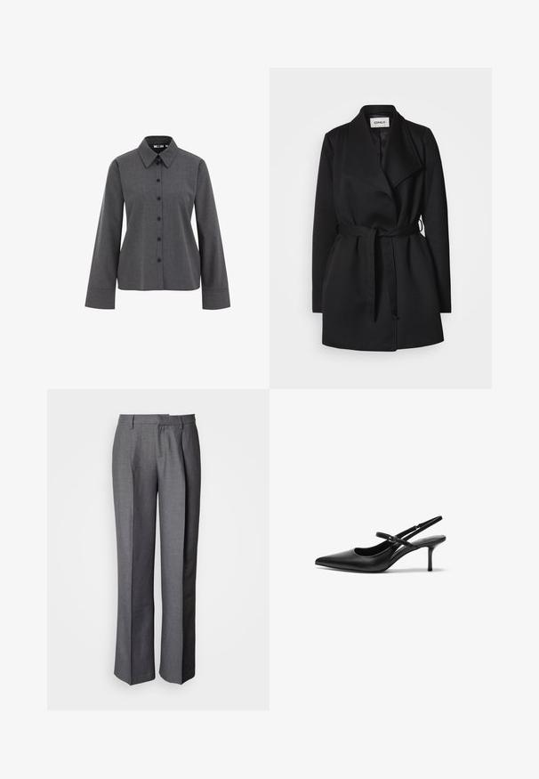Abrigo negro con cuello ancho, mangas largas y cinturón atado en la cintura. Hecho de tela suave y texturizada con un diseño minimalista.; WE Fashion Blusa - grey; Pantalones a medida grises con frente plano, piernas rectas y textura sutil; cuentan con bolsillos laterales y una pretina lisa.; Zapatos de tacón slingback de cuero negro con punta afilada, correa ajustable delgada y un tacón de aguja de aproximadamente 5 cm, textura suave.