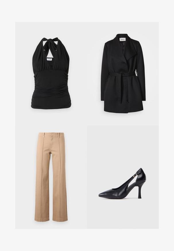 Sort frakke med en bred krave, lange ærmer og et bindebælte om taljen. Fremstillet af blødt, tekstureret stof med et minimalistisk design.; Noisy May NMBELLA HALTERNECK - Top - black; Beige bukser med lige ben, forreste midtersømme, bæltestropper og lynlåslukning på en ensfarvet lys baggrund.; Sort læder højhælede pumpe med spids tå og åben sidestruktur. Har en justerbar rem med en rund guldfarvet spænde.