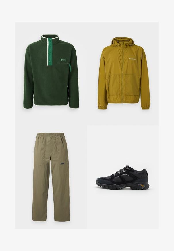 Chaqueta rompevientos ligera Columbia de color verde oliva con cremallera frontal, capucha, puños elásticos y dos bolsillos delanteros.; Polaire verde con cuello alto, que presenta una cremallera blanca en contraste, botones a presión y un bolsillo en el pecho con cremallera. Tejido texturizado.; Pantalones rectos de color verde oliva con cintura elástica, bolsillos frontales parche, cierre con botón y logo de Columbia en el bolsillo derecho.; Zapato exterior negro hecho de ante y malla con una suela robusta. Presenta acentos grises y la marca Vibram en el costado. Diseño con cordones.