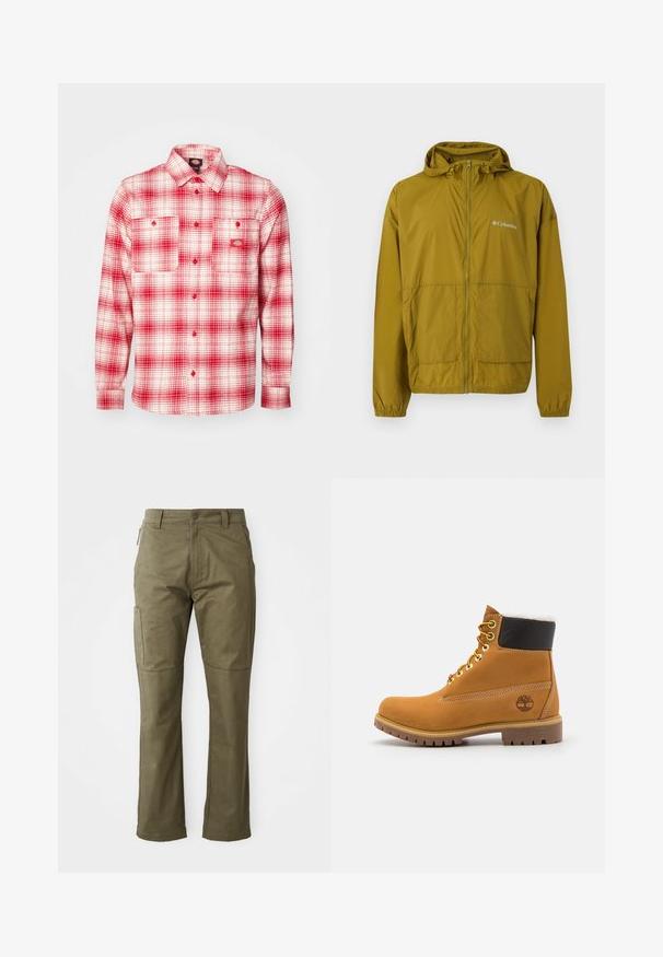 Chaqueta rompevientos ligera Columbia de color verde oliva con cremallera frontal, capucha, puños elásticos y dos bolsillos delanteros.; Camisa de franela a cuadros rojos y blancos con mangas largas, cierre de botones en la parte delantera, dos bolsillos en el pecho y una etiqueta en la parte izquierda. Textura suave.; Pantalones cargo color caqui fabricados en un duradero tejido de algodón, con bolsillos laterales, perneras rectas y cierre de cremallera con botón.; Botín de cuero marrón con ojales de metal, forro de piel sintética blanca, cuello acolchado negro, suela resistente y logotipo en relieve en el costado.