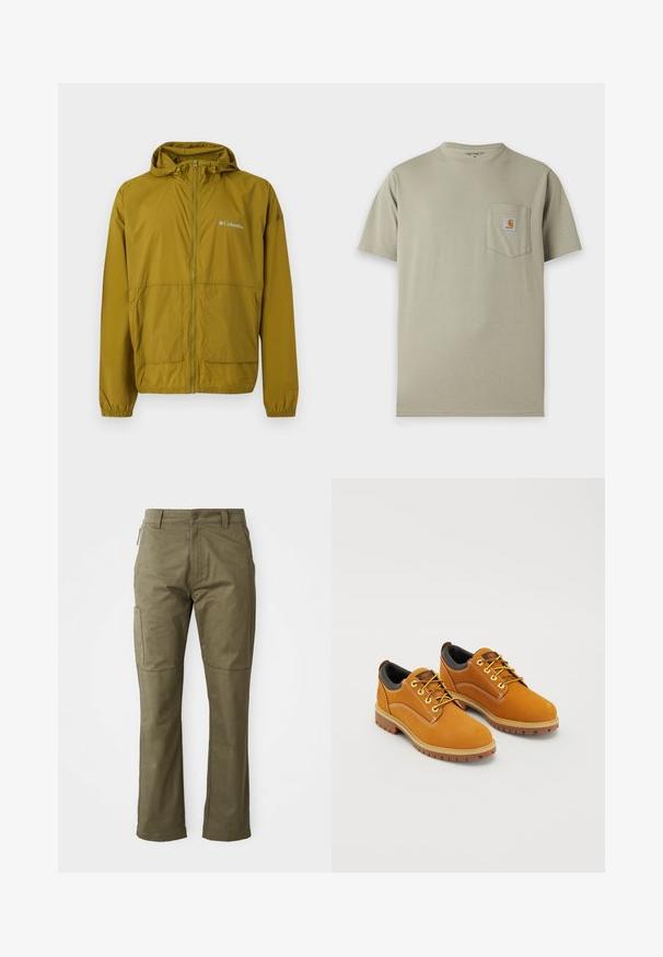 Leichte olivgrüne Columbia-Windjacke mit Frontreißverschluss, Kapuze, elastischen Bündchen und zwei Vordertaschen.; Beiges Carhartt T-Shirt mit kurzen Ärmeln und einer Brusttasche mit Carhartt Logo auf weißem Hintergrund.; Khaki Cargo-Hose aus strapazierfähigem Baumwollstoff, mit Seitentaschen, geradem Bein und Reißverschluss mit Knopfverschluss.; Braune Wildlederschuhe mit einer runden Zehenpartie, gelben Schnürsenkeln, einem gepolsterten schwarzen Kragen und Gummisohlen mit Rillen für besseren Halt.
