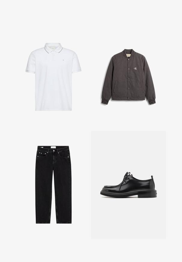 Chaqueta bomber gris oscuro abotonada, con cuello y puños acanalados, dos bolsillos frontales y un pequeño logo de Calvin Klein en el pecho izquierdo.; Polo blanco de manga corta con tapeta de dos botones, ribete gris en el cuello y los puños, y pequeño logo "ck" bordado en el pecho.; Vaqueros de mezclilla negra con un corte recto, textura ligeramente desgastada, cinco bolsillos y detalles en metal plateado. Etiqueta en la cintura.; Calvin Klein LACE UP APRON BRUSH OFF - Zapatos de vestir - black