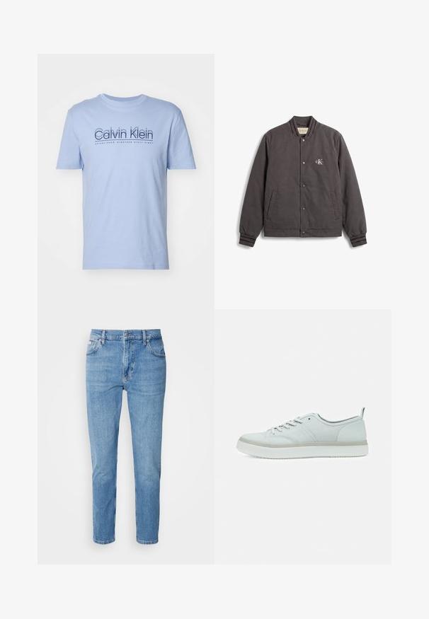 Tmavosivá bomber bunda na gombíky s rebrovaným golierom a manžetami, dvoma prednými vreckami a malým logom Calvin Klein na ľavom hrudníku.; Svetlo modré bavlnené tričko s krátkymi rukávmi a okrúhlym výstrihom. Na prednej strane sa nachádza námornícky potlačené logo s nápisom "Calvin Klein" a "Založené v devätnástich šesťdesiatich ôsmich."; Svetlomodré džínsy s rovný strih, dizajn s piatimi vreckami a jemným vyblednutím. Obsahujú zapínanie na gombík a pútka na opasok.; Calvin Klein TOP LACE UP UNIFIT - Tenisky - marshmallow
