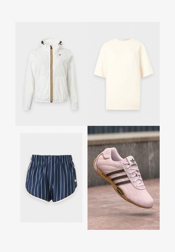 Witte lichtgewicht jas met capuchon, multicolor gestreepte rits en klein logo op de linkerborst.; Effen gebroken wit oversized T-shirt met korte mouwen, een ronde halslijn en minimale zichtbare branding op de bovenborst.; Marineblauwe sportshort met witte verticale strepen, elastische tailleband, twee voorste drukknopen, witte bies en Adidas-logo op het linkerbeen.; Roze suède sportieve schoen met rubberen zool, voorzien van drie donkere strepen, veters, en het Adidas-logo op de tong. Rondneus ontwerp.