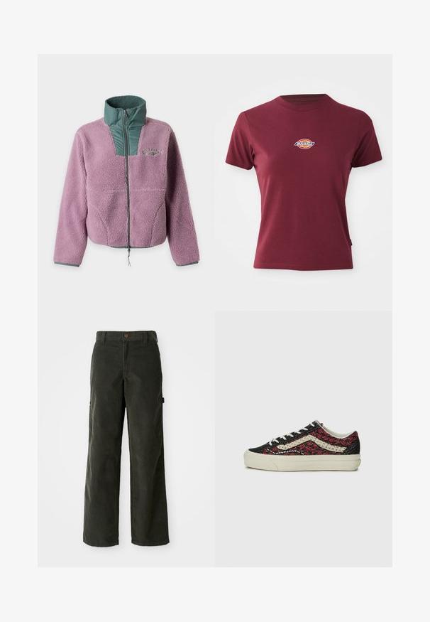 Lilla sherpa fleecejakke med grøn quiltet krave og brystlynlås, lange ærmer og diskret logo på venstre bryst.; Bordeaux kortærmet t-shirt lavet af bomuld med rund halsudskæring og et lille multicoloreret "Dickies" logo på brystet.; Mørkegrønne kordfløjspants med løs pasform, lige ben, forlommer og knaplukning. Tekstureret stof med lodrette ribber.; Vans OLD SKOOL 36 UNISEX - Sneakers - bordeaux