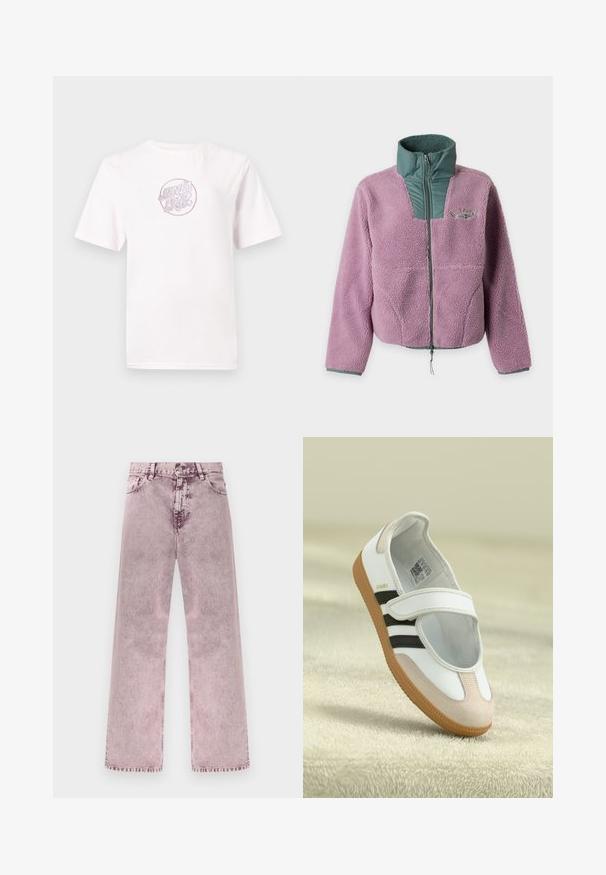 Lilla sherpa fleecejakke med grøn quiltet krave og brystlynlås, lange ærmer og diskret logo på venstre bryst.; Hvid bomulds t-shirt med korte ærmer, der har et cirkulært pink broderet logo med stiliseret tekst i midten.; Høj talje, vide ben jeans i falmet pink denim med forreste knap, lynlåslukning, bæltestropper samt lommer foran og bagpå.; Hvid sko med en lyserød ruskindforfod, sorte striber og en velcrorem. Har en lys gummi sål og et logo på siden.