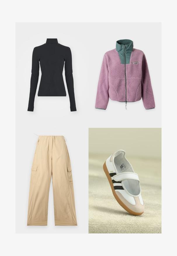 Paarse sherpa fleece jas met groene doorgestikte kraag en borstrits, lange mouwen en discreet logo op de linkerborst.; Zwarte geribbelde coltrui met lange mouwen, nauwsluitende pasvorm, gladde textuur en subtiele rek, ontworpen voor comfort en laagjes.; Beige cargobroek met een ontspannen pasvorm, voorzien van een trekkoord in de taille, twee zijzakken en een soepele, lichte stof.; Witte schoen met een roze suède neus, zwarte strepen en een klittenbandsluiting. Heeft een tan rubberen zool en een logo aan de zijkant.