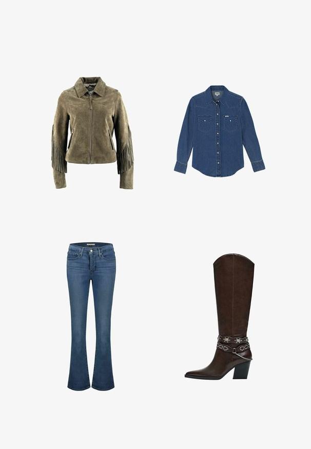 Olivgrüne Wildlederjacke mit Fransen an den Ärmeln, Reißverschlusstaschen vorne und spitzem Kragen, mit einer glatten Textur.; Wrangler LONG SLEEVE WESTERN FOR REGULAR FIT - Hemdbluse - dark wash; Blaue Jeans im Flared-Stil mit mittelhoher Taille, ausgestattet mit Ziernähten, zwei vorderen Taschen und einer hinteren Paspeltasche.; Dunkelbrauner kniehoher Lederstiefel mit spitzer Zehe, mittelhohem Blockabsatz und dekorativen, mit Nieten besetzten Riemen mit silberner Kette um den Knöchel.