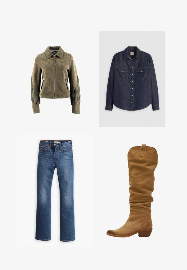 Veste en daim vert olive avec des franges sur les manches, des poches avant zippées et un col pointu, présentant une texture lisse.; Chemise en denim bleu foncé à manches longues, avec un devant à boutons, deux poches poitrine avec rabats et des coutures jaunes contrastantes.; Jean en denim droit bleu avec cinq poches, fermeture à bouton et à glissière, et couture contrastante, présenté à plat sur fond blanc.; Botte en daim hauteur genou couleur brun clair avec un design flou, un bout pointu et un talon empilé. Dispose d'une boucle en haut pour un enfilage plus facile.
