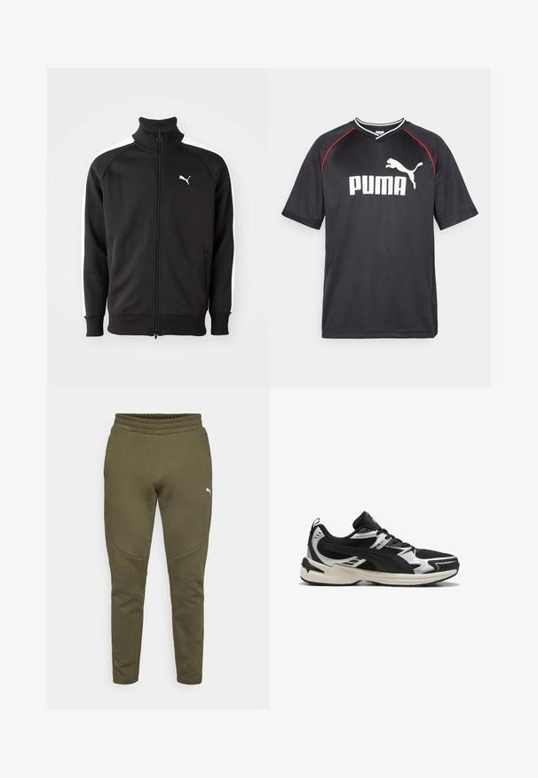 Sort zip-jakke lavet af glat stof, med hvide sidestriber og høj krave, samt et lille hvidt Puma-logo på brystet.; Sort Puma sportstrøje med korte ærmer, hvidt logo, røde detaljer langs skuldrene og v-udskæring. Fremstillet af letvægtsmateriale.; Olivengrønne sweatpants med en tætsiddende pasform, elastisk talje og et lille hvidt logo på venstre side. Blødt stof med en glat overflade.; Sort og hvid atletiksneaker med mesh og syntetisk overdel, snørelukning, polstret krave og polstret sål.