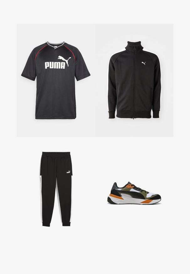 Chaqueta negra con cremallera, hecha de un tejido suave, con rayas laterales blancas y un cuello alto, y un pequeño logo blanco de Puma en el pecho.; Camiseta deportiva negra de Puma con mangas cortas, logo blanco, acentos rojos en los hombros y cuello en forma de V. Fabricada con material ligero.; Pantalones de chándal negros con cintura elástica, bolsillos laterales y paneles laterales blancos. Presenta el logo "PUMA" en blanco en la parte frontal.; Zapatilla deportiva de corte bajo con malla blanca, superposiciones en negro, verde oliva y naranja, cordones negros y suela blanca con detalles naranjas.