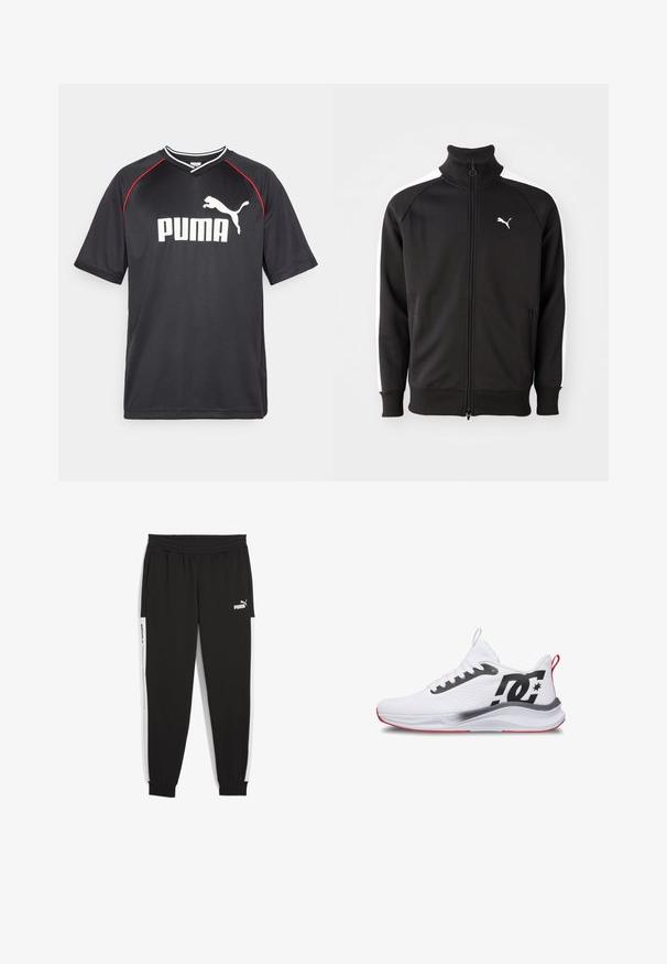Čierna zip-up bunda vyrobená z hladkej látky, s bielymi bočnými pruhmi a vysokým golierom, s malým bielym logom Puma na hrudi.; Čierne športové tričko Puma s krátkymi rukávmi, biele logo, červené akcenty na pleciach a výstrih v tvare V. Vyrobené z ľahkého materiálu.; Čierne teplákové nohavice s elastickým pásom, bočnými vreckami a bielymi postrannými panelmi. Na prednej strane sa nachádza biele logo "PUMA".; Biely športový teniska s čiernym logom DC na boku, sieťovinový zvršok, červené detaily na päte a podrážke a bielymi šnúrkami.