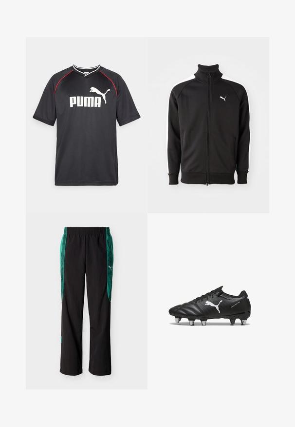 Schwarze Zip-Jacke aus glattem Stoff, mit weißen Seitenstreifen und hohem Kragen, versehen mit einem kleinen weißen Puma-Logo auf der Brust.; Schwarzes Puma-Sport-T-Shirt mit kurzen Ärmeln, weißem Logo, roten Akzenten entlang der Schultern und einem V-Ausschnitt. Hergestellt aus leichtem Material.; Schwarze Sporthose mit grünen gemusterten Seitenpaneelen und einem elastischen Bund, mit einem weißen Puma-Logo auf der rechten Seite.; Schwarze Fußballschuhe aus strukturiertem Material, mit weißem Puma-Logo, Schnürverschluss und Metallnägeln für besseren Halt. Das Design betont Leistung und Unterstützung.