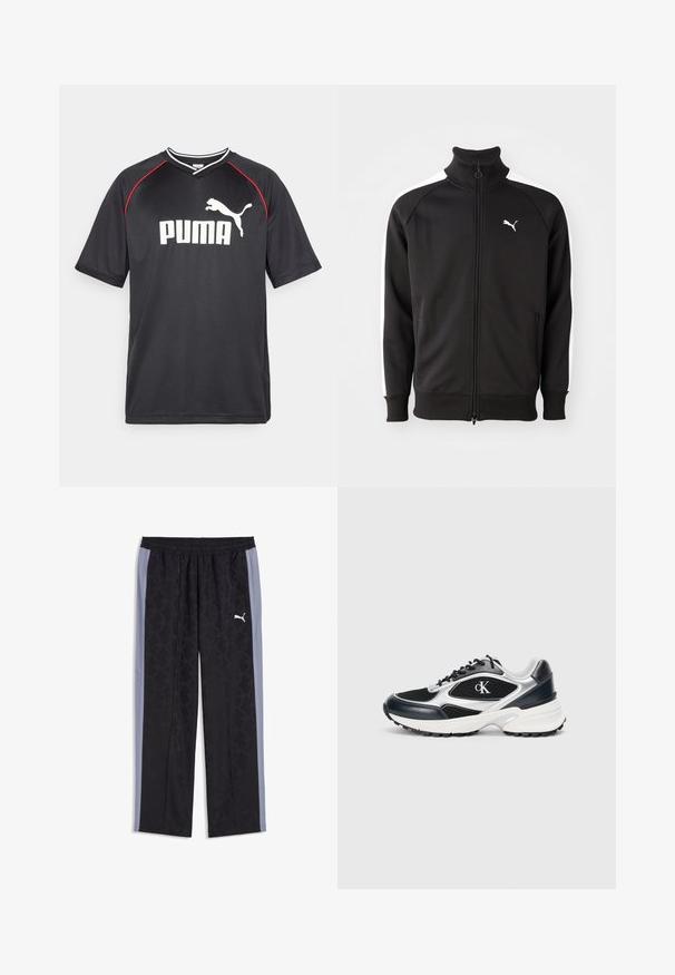 Schwarze Zip-Jacke aus glattem Stoff, mit weißen Seitenstreifen und hohem Kragen, versehen mit einem kleinen weißen Puma-Logo auf der Brust.; Schwarzes Puma-Sport-T-Shirt mit kurzen Ärmeln, weißem Logo, roten Akzenten entlang der Schultern und einem V-Ausschnitt. Hergestellt aus leichtem Material.; Schwarze und graue Puma-Trainingshose mit dezentem geometrischem Muster und elastischem Taillenbund, mit weißem Puma-Logo am rechten Oberschenkel.; Schwarzer und silberner Sportschuh mit Obermaterial aus Mesh und synthetischen Materialien, strukturierten Akzenten, dicker weißer Zwischensohle und schwarzer Gummi-Außensohle. Mit Logo.