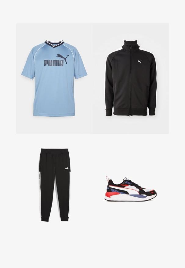 Schwarze Zip-Jacke aus glattem Stoff, mit weißen Seitenstreifen und hohem Kragen, versehen mit einem kleinen weißen Puma-Logo auf der Brust.; Helles blaues Sporthemd mit kurzen Ärmeln, V-Ausschnitt, mit schwarzem Puma-Logo und weißen Akzenten am Kragen und an den Ärmeln.; Schwarze Jogginghosen mit elastischem Bund, Seitentaschen und weißen Seitenstreifen. Mit dem weißen "PUMA"-Logo auf der Vorderseite.; Niedriger Sportsneaker in Weiß, Schwarz, Rot und Blau mit Schnürung vorne und dicker gepolsterter Sohle, von der Seite gezeigt.