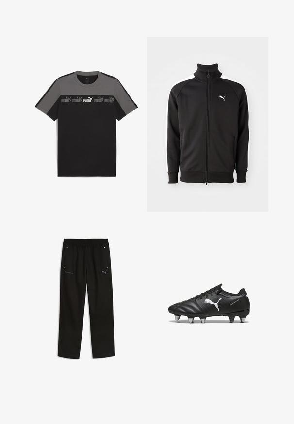Čierna zip-up bunda vyrobená z hladkej látky, s bielymi bočnými pruhmi a vysokým golierom, s malým bielym logom Puma na hrudi.; Čierne a sivé tričko s krátkym rukávom a okrúhlym výstrihom, s opakujúcim sa bielym logom 'PUMA' na hrudi a hladkou bavlnenou textúrou.; Čierne teplákové nohavice Puma s elastickým pásom, strieborným logom Puma na pravej stehne a brandingom Porsche na ľavej stehne.; Čierne futbalové kopačky s textúrovaným materiálom, biele logo Puma, šnurovací systém a kovové kolíky pre trakciu. Dizajn zdôrazňuje výkon a podporu.