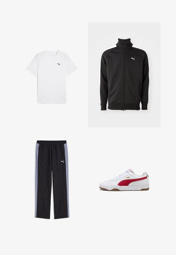 Čierna zip-up bunda vyrobená z hladkej látky, s bielymi bočnými pruhmi a vysokým golierom, s malým bielym logom Puma na hrudi.; Biela bavlnená tričko s krátkymi rukávmi a okrúhlym výstrihom, s malým čiernym logom Puma na hornej ľavej časti hrudníka.; Čierne a sivé tréningové nohavice Puma s jemným geometrickým vzorom a elastickým pásom, s bielym logom Puma na pravej stehne.; Biele tenisky s červenými akcentmi, gumovou podrážkou, polstrovaným golierom, koženým a syntetickým zvrškom, s gold logom na boku a textúrovanými detailmi.