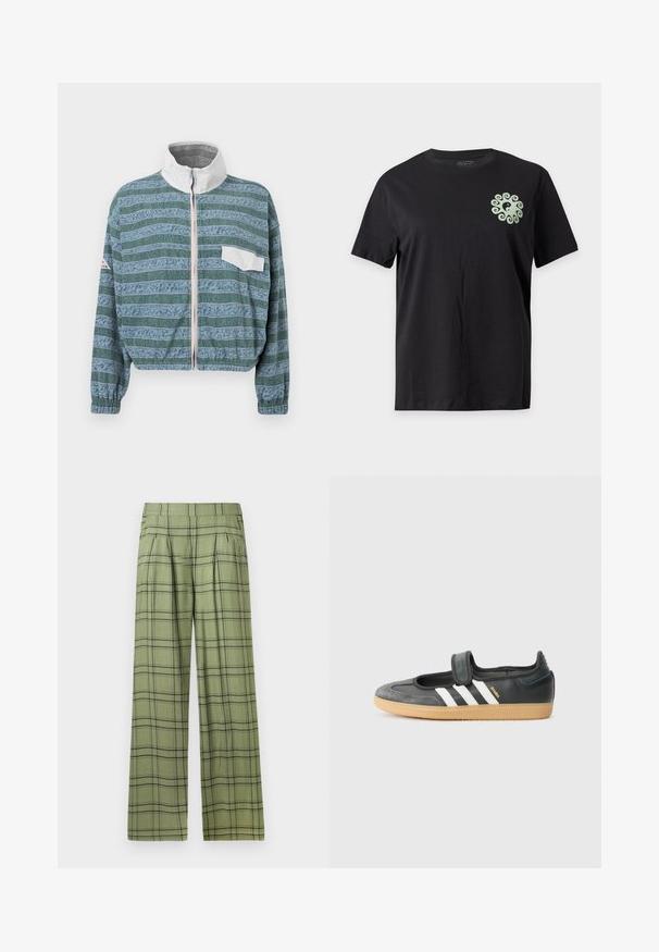 Gekürzte Jacke in Hellblau und Grün mit einem gemusterten Design, weißem Kragen, Frontreißverschluss und einer linken Brusttasche. Strukturiertem Stoff.; Schwarzes Kurzarm-T-Shirt mit einem kleinen hellgrünen Yin-Yang-Symbol, umgeben von einem Wirbelmuster auf der oberen linken Brust.; Grüne weit geschnittene Hose mit schwarzem Karomuster und hohem Bund, vorderen Falten und Seitentaschen.; Schwarze Leder- und Wildledersneaker mit einem Klettverschluss, ausgestattet mit drei weißen Streifen und einer Gummisohle, beschriftet mit "SAMBA" an der Seite.