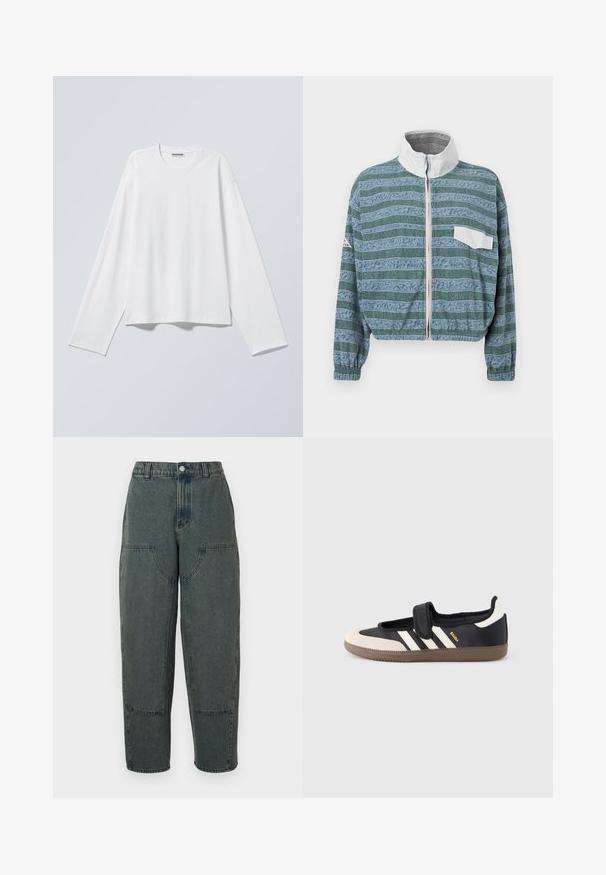 Chaqueta recortada en azul claro y verde con un diseño estampado, cuello blanco, cremallera frontal y un bolsillo en el pecho izquierdo. Tejido texturizado.; Camiseta blanca de manga larga con cuello redondo y un ajuste relajado, mostrada plana sobre un fondo gris claro.; Pantalones de mezclilla en azul oscuro con un ajuste relajado, que cuentan con bolsillos laterales y costuras en contraste. La tela tiene una textura ligeramente desgastada.; Zapatilla negra y beige con una correa de velcro, tres rayas blancas en el lateral y una suela de goma marrón texturizada. Logotipo de la marca visible.