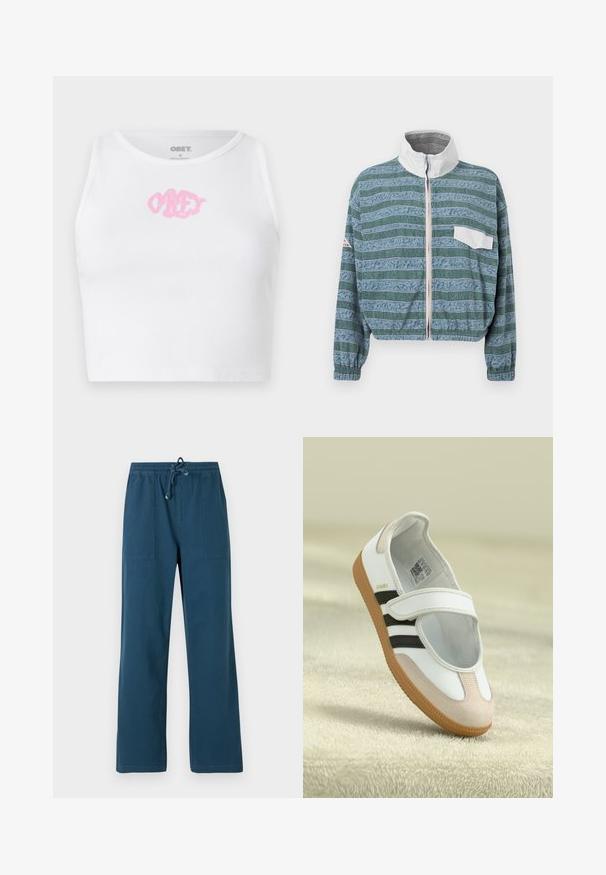 Kort jasje in lichtblauw en groen met een patroon, witte kraag, ritssluiting aan de voorkant en een borstzak aan de linkerkant. Gestructureerde stof.; Witte geribde cropped top met een roze "OBEY" logo in het midden. Ontworpen met een ronde halslijn en zonder mouwen.; Donkerblauwe broek met rechte pijpen, een elastische tailleband en een trekkoord, voorzien van twee opgestikte zakken aan de voorkant.; Witte schoen met een roze suède neus, zwarte strepen en een klittenbandsluiting. Heeft een tan rubberen zool en een logo aan de zijkant.