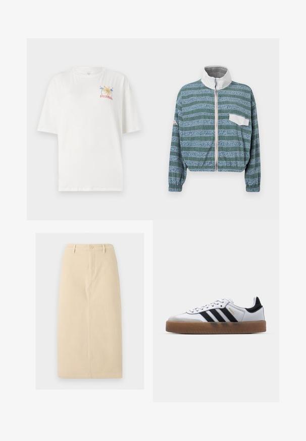 Kort jasje in lichtblauw en groen met een patroon, witte kraag, ritssluiting aan de voorkant en een borstzak aan de linkerkant. Gestructureerde stof.; Witte katoen T-shirt met een ontspannen pasvorm, featuring een kleurrijk Billabong-logo met palmbomen en het jaar "1973" geborduurd op de linkerborst.; Beige, knie-lange rok van stevig materiaal, met een sluiting aan de voorkant met knopen en subtiele verticale naaddetails.; Witte leren sneakers met zwarte strepen, gumrubberen buitenzool, ronde neus, vetersluiting en een zachte grijze suède neuskap.