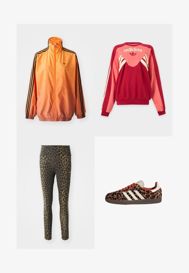 Orangene Gradient-Trackjacke aus glattem Stoff mit schwarzen Streifenakzenten, hohem Kragen und elastischen Bündchen sowie einem Frontreißverschluss.; Rotes und pinkfarbenes Adidas Sweatshirt mit langen Ärmeln, cremefarbenen Streifen, Logo und Kleeblatt-Symbol vorne vor hellem Hintergrund.; Leggings mit Leopardenmuster, ausgestattet mit einem hohen Bund, dehnbarem Stoff und schwarzen Akzenten auf einem hellbraunen Grund, konzipiert für Komfort und guten Sitz.; Sneaker im Leopardenmuster aus Wildleder mit roten Schnürsenkeln und drei weißen Streifen an der Seite. Sie haben eine cremefarbene Zunge und eine braune Sohle.