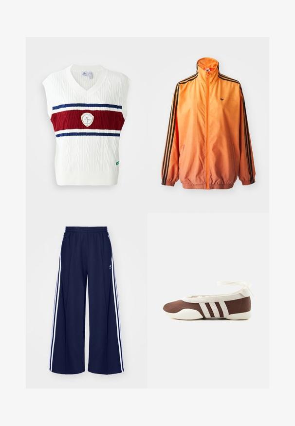 Chaqueta de chándal con degradado naranja, confeccionada en tejido suave, con acentos de rayas negras, cuello alto y puños elásticos, además de un cierre frontal de cremallera.; Chaleco sin mangas blanco con textura de punto trenzado, que presenta una banda a rayas roja y azul y un logotipo circular. Cuello y dobladillo acanalados.; adidas Originals PANT - Pantalones deportivos - night indigo; Zapato plano de ballet marrón y blanco con tres franjas blancas y lazo para atar en el tobillo sobre un fondo claro y sencillo.
