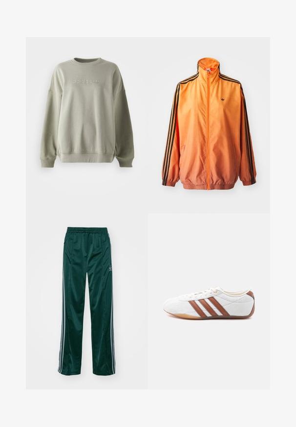 Oranžistest gradientidega jooksjakas, mis on valmistatud siledast kangast, mustade triipudega aktsentidega, kõrge kaelusega ja elastsete paeltega, ees tõmblukuga.; Olive roheline kapuutsiga särk, mis on valmistatud pehmest kangast, ümmarguse kaeluse, langevate õlgade ja esiosas embosseeritud valge adidas logoga.; Tumedad roheline sportpants, mis on valmistatud läikivast materjalist, külgedel on heledates hallides triipudes ja vasakul jalal on broderdatud logo.; Valge madala säärega tenniskinga pruunide nahast triipude, nöörpaela kinnituse ja kummist talla ning siseküljelt valge taustaga.