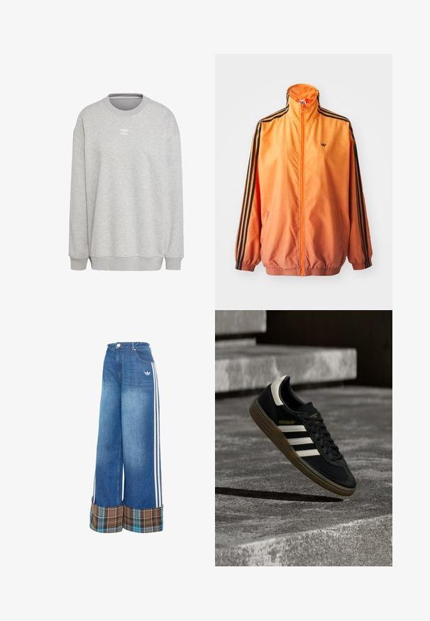 Oranje gradient trackjack met een gladde stof, voorzien van zwarte gestreepte accenten, hoge kraag en elastische manchetten met een rits aan de voorkant.; Grijze sweatshirt van zachte stof, met een ronde hals, lange mouwen, geribbelde manchetten en zoom, voorzien van een klein wit logo aan de voorkant.; Wijd uitlopende spijkerbroek in lichtblauw, met witte zijstrepen en een bruine geruite omslag. Gemaakt van een zachte, gestructureerde stof.; Zwarte Adidas sneaker met witte strepen en gumzool die boven grijze betonnen trappen zweeft in natuurlijk licht.