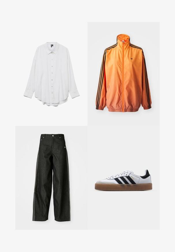 Oranje gradient trackjack met een gladde stof, voorzien van zwarte gestreepte accenten, hoge kraag en elastische manchetten met een rits aan de voorkant.; Witte blouse met lange mouwen, knopen, puntkraag en gebogen zoom, afgebeeld tegen een effen witte achtergrond.; Zwarte denim wijde broek met witte zijkanten, voorzien van voorzakken, een knoopsluiting en een subtiele logo nabij de tailleband.; Witte leren sneakers met zwarte strepen, gumrubberen buitenzool, ronde neus, vetersluiting en een zachte grijze suède neuskap.