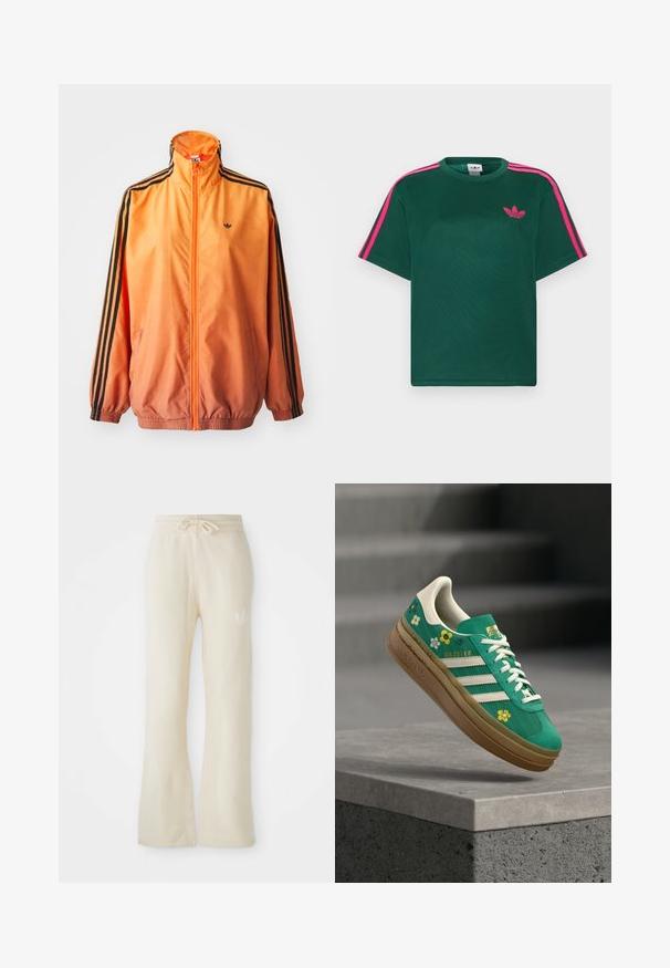 Orangene Gradient-Trackjacke aus glattem Stoff mit schwarzen Streifenakzenten, hohem Kragen und elastischen Bündchen sowie einem Frontreißverschluss.; Grünes T-Shirt mit kurzen Ärmeln, leuchtend pinken Streifen auf den Schultern und Adidas-Trefoil-Logo auf der Brust.; Cremefarbene Jogginghose aus einem weichen Material, mit einem Kordelzugbund und ausgestellten Beinen. Subtiles Logo-Detail an der linken Hüfte.; Grüner Wildledersneaker mit weißen Akzenten, versehen mit floralen Designs in Gelb und Weiß, und einer hellbraunen Gummisohle. Das Label trägt die Aufschrift "Gazelle".