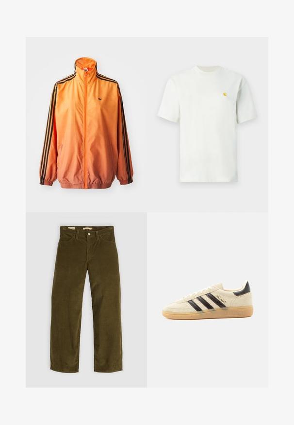 Orangene Gradient-Trackjacke aus glattem Stoff mit schwarzen Streifenakzenten, hohem Kragen und elastischen Bündchen sowie einem Frontreißverschluss.; Weißes T-Shirt mit kurzen Ärmeln und Rundhalsausschnitt, mit kleinem gelbem Logo auf der linken Brust, vor einfachem Hintergrund dargestellt.; Olivgrüne Cordhosen mit geradem Bein, die über Fronttaschen und einen Knopfverschluss verfügen und eine vertikale Rippstruktur aufweisen.; Cremefarbener Wildleder-Sneaker mit schwarzen Streifen, Gummisohle, schwarzem Fersenlasche und goldenem „SPEZIAL“-Schriftzug an der Seite.