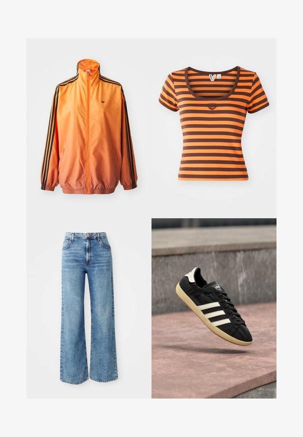 Orange gradient trackjakke lavet af glat stof, med sorte stribede detaljer, høj krave og elastiske manchetter samt lynlås foran.; Stribet T-shirt med orange og brune nuancer, lavet af ribbet stof. Har en rund halsudskæring og korte ærmer, med et hjerte-logo på brystet.; Lysblå denim bredbente jeans med høj talje, der har fem lommer, knaplukning øverst og kontrastsyninger langs sømmene.; Sort Adidas sneaker med hvide striber og beige sål, fanget i luften over en stenet overflade og baggrund af en stenmur.