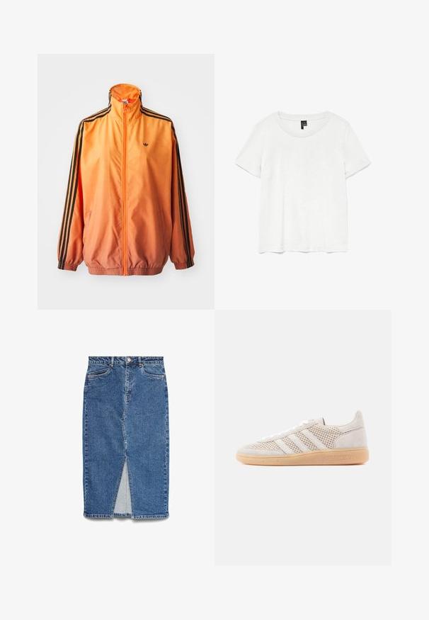 Orange gradient trackjakke lavet af glat stof, med sorte stribede detaljer, høj krave og elastiske manchetter samt lynlås foran.; Hvid kortærmet t-shirt med rund halsudskæring, lavet af letvægtsstof. Enkel design, glat tekstur og lige kant.; Blå denim midi-nederdel med frontslids, bæltestropper, knapper foran, lynlåslukning og to forlommer, lagt fladt på hvid baggrund.; Lyse beige ruskindssneakers med meshdetaljer, tre hvide striber og en sål i gummigummi. Har snørelukning og mærkede accenter.