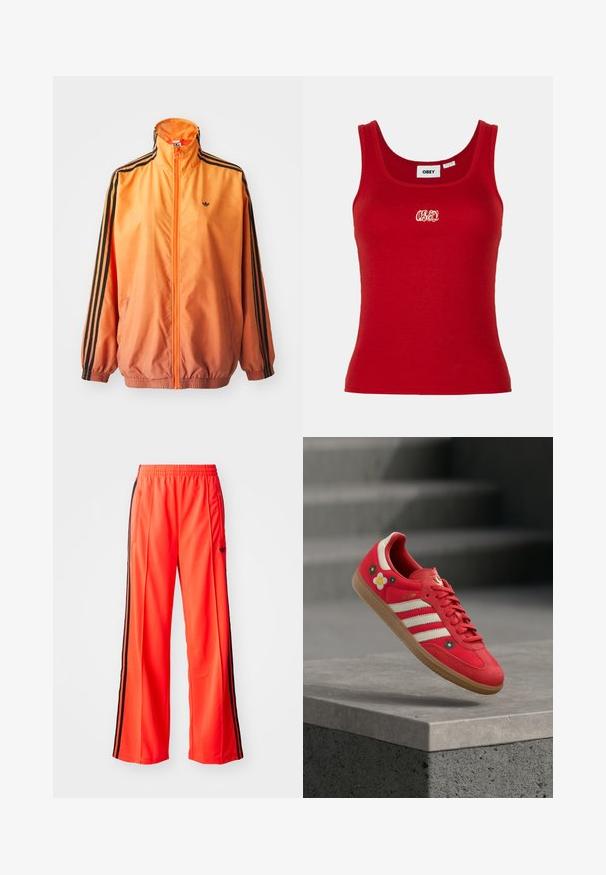 Oranžistest gradientidega jooksjakas, mis on valmistatud siledast kangast, mustade triipudega aktsentidega, kõrge kaelusega ja elastsete paeltega, ees tõmblukuga.; Punane sooniline tank top ümarate kaeluste ja laialdaste nööpidega, millel on keskel valge tikandiga "OBEY" logo.; Kirkas oranžid spordipüksid laia säärekujundusega, millel on mustad külgtriibud ja elastne vöökoht. Kaasas on lukuga tasku.; Punased spordijalatsid valgete triipude, lillemotiiviga tikandi ja kummipõhjaga. Sile kangas pehme seemisnaha detailidega. Mudel: Samba.