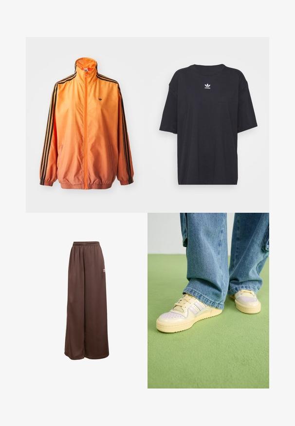 Chaqueta de chándal con degradado naranja, confeccionada en tejido suave, con acentos de rayas negras, cuello alto y puños elásticos, además de un cierre frontal de cremallera.; Camiseta de algodón negra con mangas cortas, cuello redondo, presenta un logo blanco de Adidas en el pecho. Diseño simple, ajuste relajado.; adidas Originals Pantalones deportivos - auburn cream white; Zapatillas con una parte superior de color crema y suela de goma texturizada, que presentan detalles perforados y acentos en capas en azul pálido y beige.