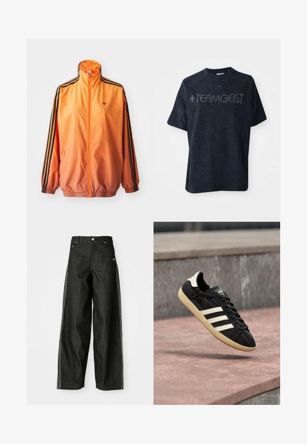 Orangene Gradient-Trackjacke aus glattem Stoff mit schwarzen Streifenakzenten, hohem Kragen und elastischen Bündchen sowie einem Frontreißverschluss.; Schwarzes T-Shirt mit kurzen Ärmeln aus weichem Stoff, das ein strukturiertes Muster aufweist und mit Strasssteinen verziert ist, die " +TEAMGEIST" buchstabieren.; Schwarze Denim-weit geschnittene Hose mit weißen Seitestreifen, vorne mit Taschen, einem Knopfverschluss und einem dezenten Logo in der Nähe des Bundes.; Schwarzer Adidas-Sneaker mit weißen Streifen und beiger Sohle, in der Luft über einer steinernen Oberfläche und mit Steinwand im Hintergrund aufgenommen.