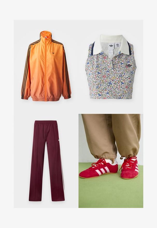Chaqueta de chándal con degradado naranja, confeccionada en tejido suave, con acentos de rayas negras, cuello alto y puños elásticos, además de un cierre frontal de cremallera.; Top de cultivo floral con base blanca decorada con flores azules, rojas y amarillas. Incluye un cuello blanco con acentos en azul marino y un logo bordado.; Pantalones deportivos burdeos con cinturilla elástica, bolsillos laterales con cremallera, rayas blancas a los lados y un pequeño logotipo blanco de Adidas en el muslo derecho.; Zapatillas deportivas de ante rojo con rayas blancas, suela de goma plana y cordones rojos. Llevadas con pantalones beige, situadas sobre una superficie verde.